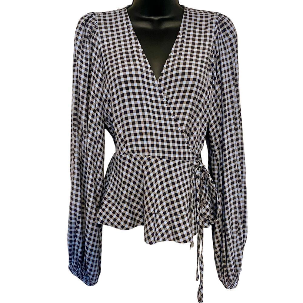 GANNI Gingham Wrap Top Womens Size 36 Small 4 Long Sleeve Blouse